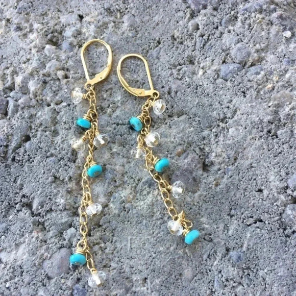Turquoise Earring, Topaz Earring, Line Earrings, Gold Filled, Natural Turquoise - Picture 2 of 4